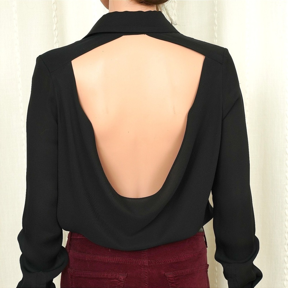 Haute Hippie Black 100% Silk Draped Open Back Tie Front Button Down Blouse XS - Picture 3 of 6